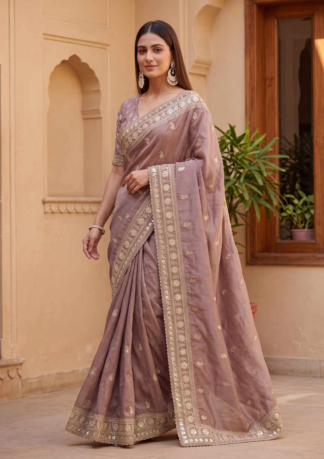 Mauve Tissue Cording Saree With Matching Blouse Piece