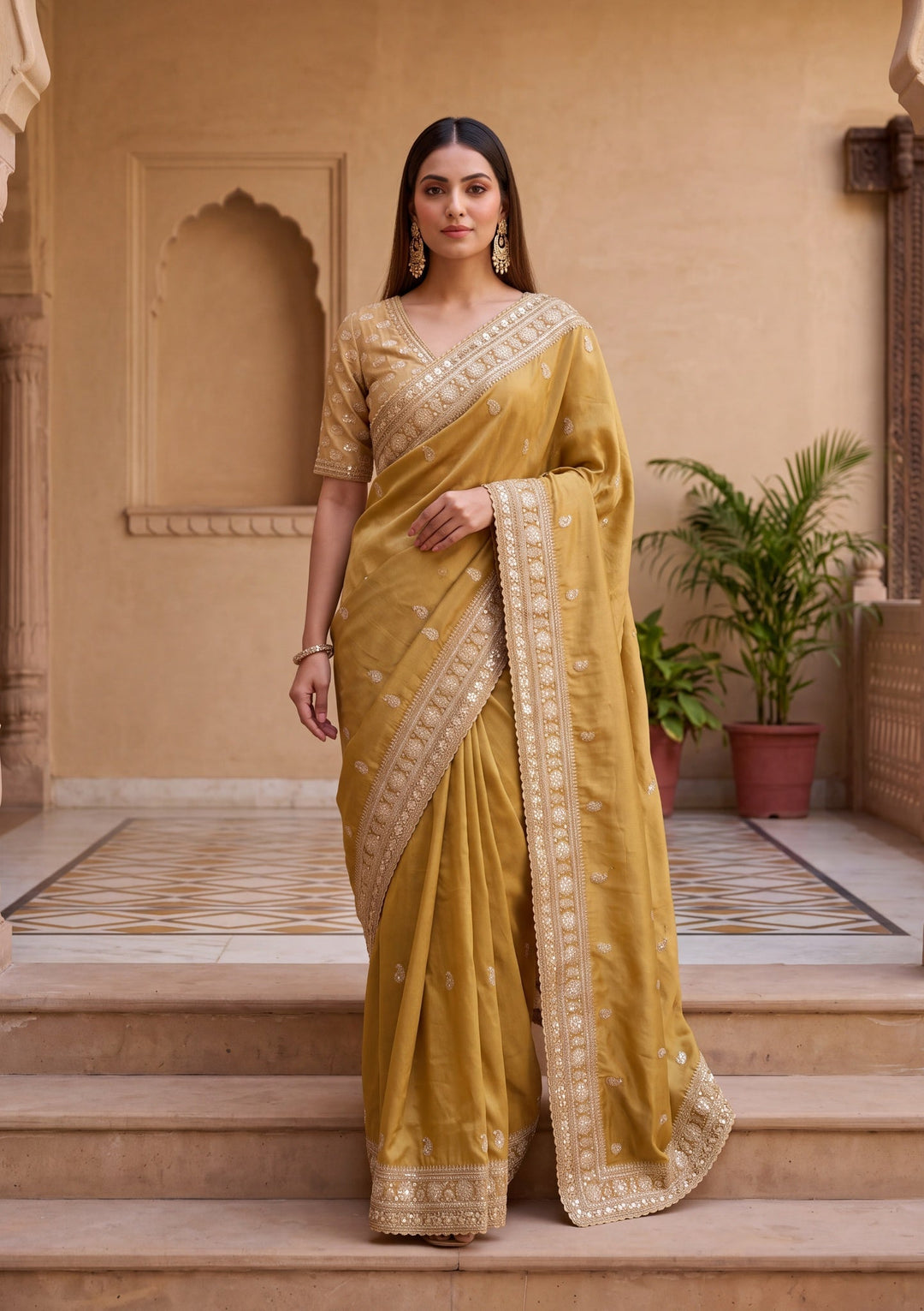 Mustard Yellow Tissue Sequins Saree With Matching Blouse Piece