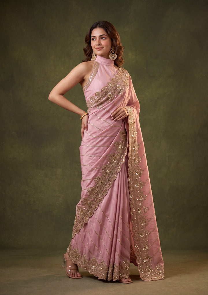 Baby Pink Tissue Sequins Saree With Matching Blouse Piece