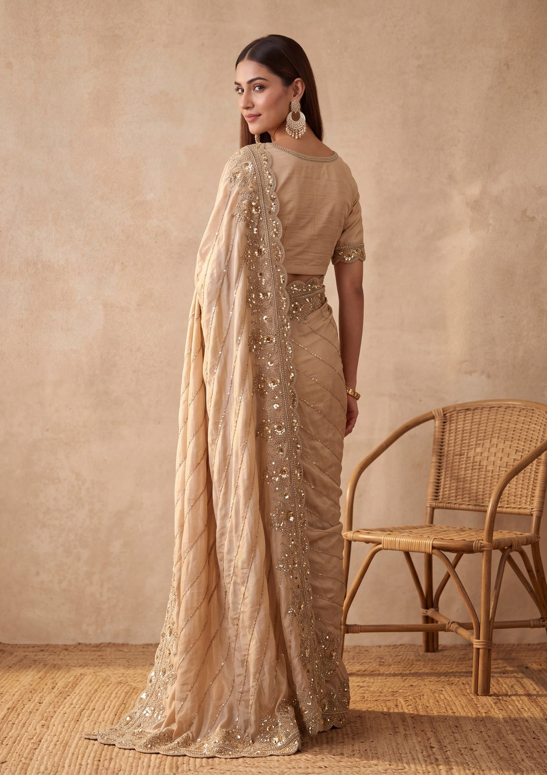 Beige Tissue Sequins Saree With Matching Blouse Piece