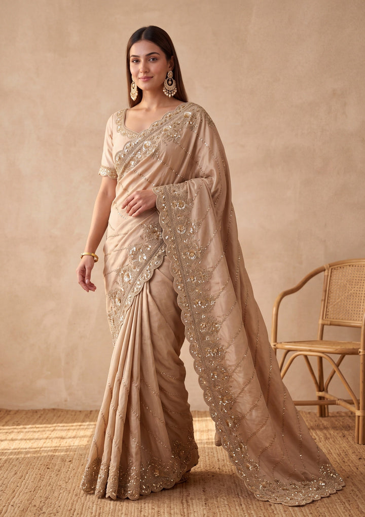 Beige Tissue Sequins Saree With Matching Blouse Piece