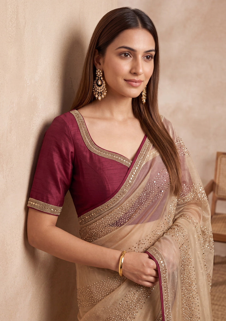 Beige Tissue Swarovski Saree With Matching Blouse Piece