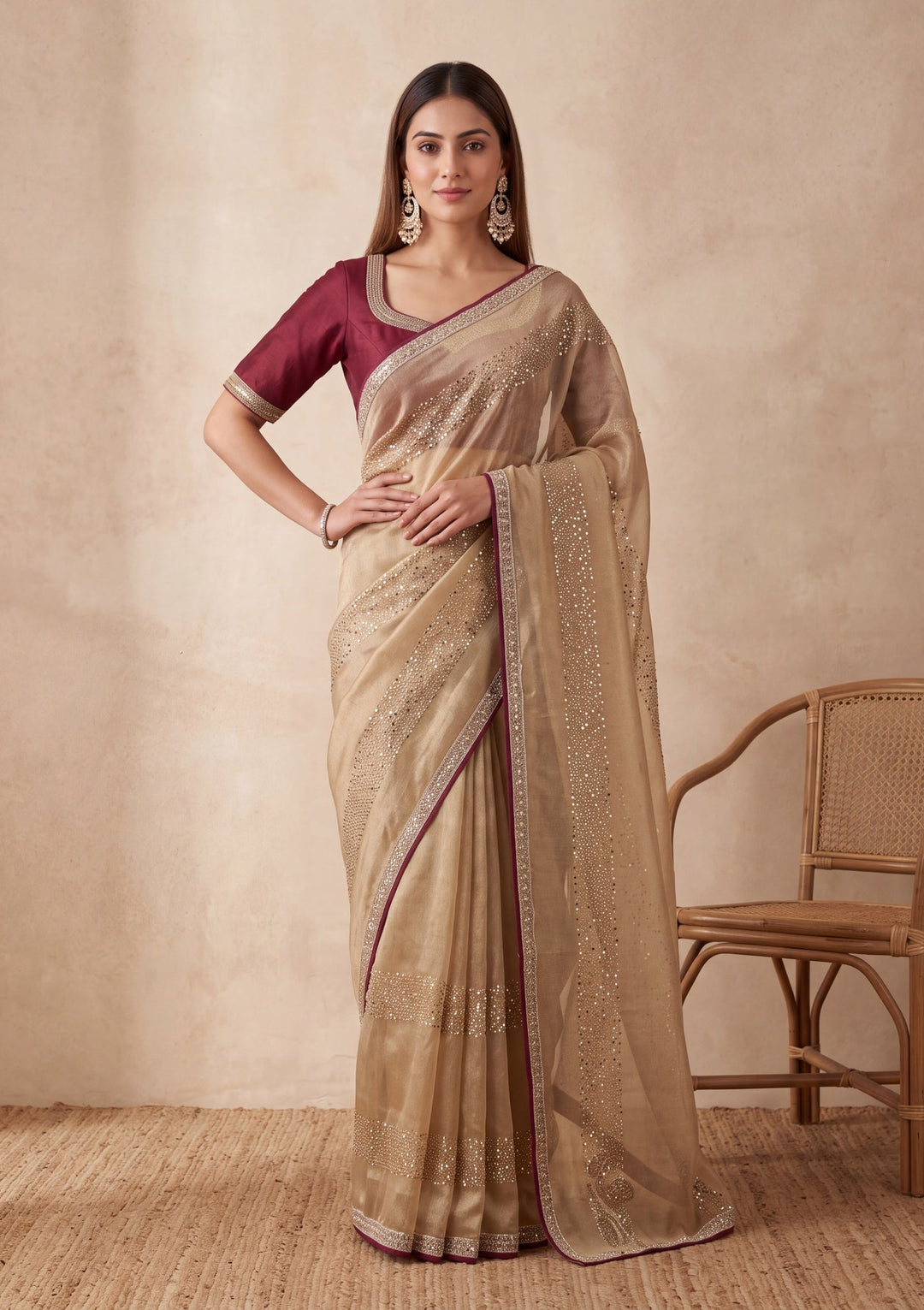 Beige Tissue Swarovski Saree With Matching Blouse Piece