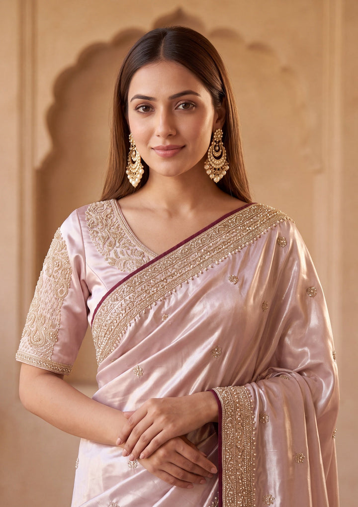 Baby Pink Tissue Cording Saree With Matching Blouse Piece