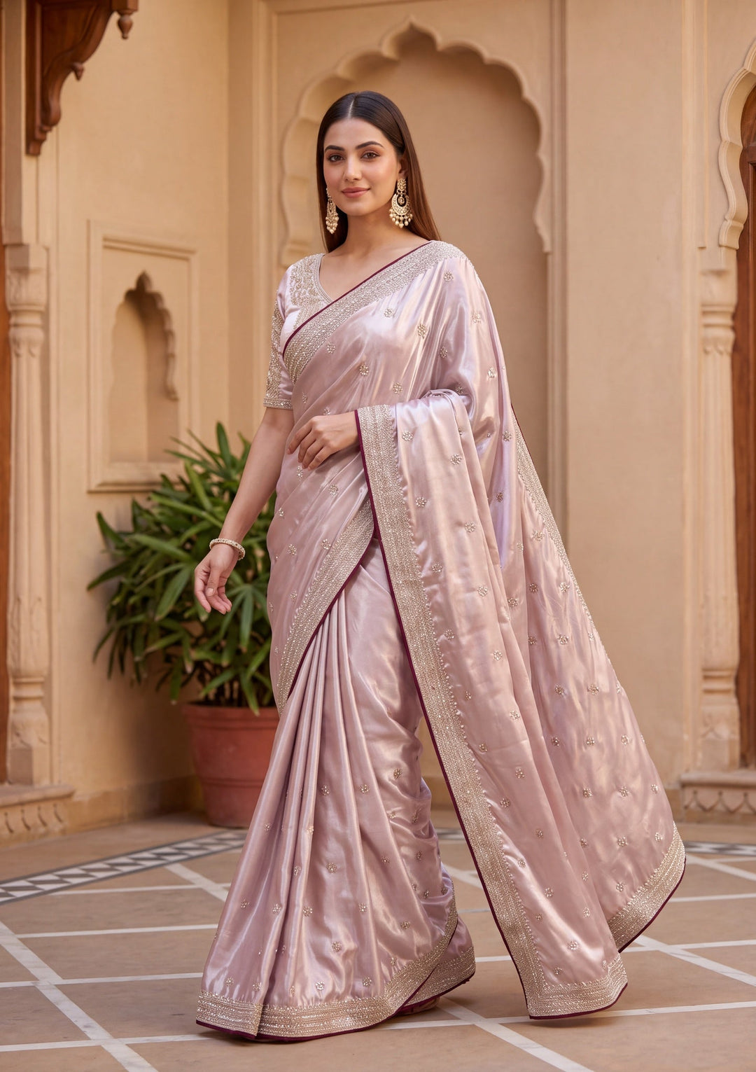 Baby Pink Tissue Cording Saree With Matching Blouse Piece