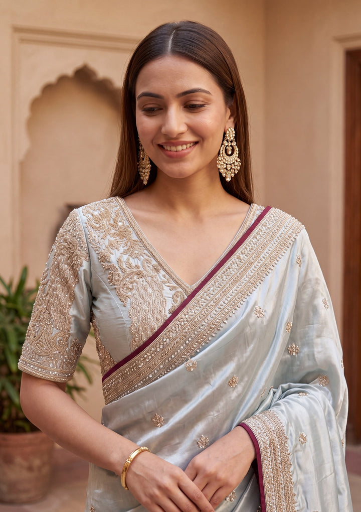 Sea Green Satin Pearlwork Saree With Matching Blouse Piece