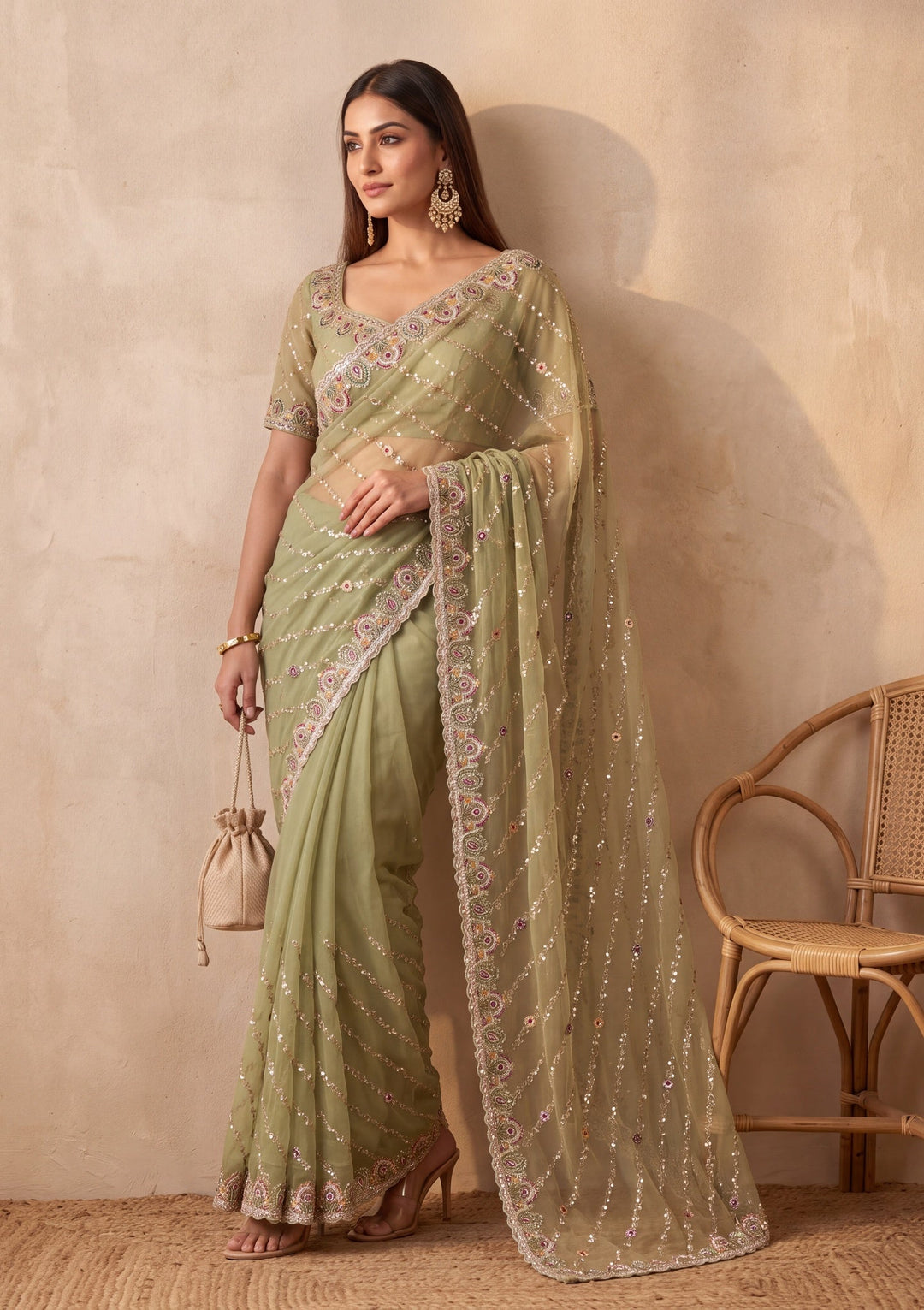 Pista Green Tissue Threadwork Saree With Matching Blouse Piece