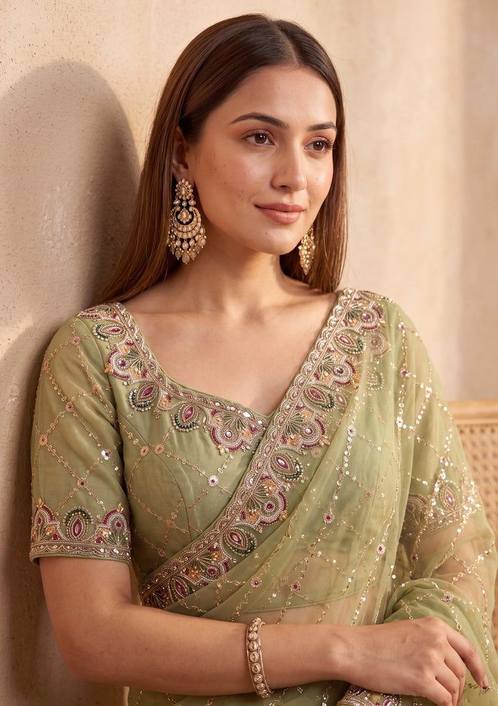 Pista Green Tissue Threadwork Saree With Matching Blouse Piece