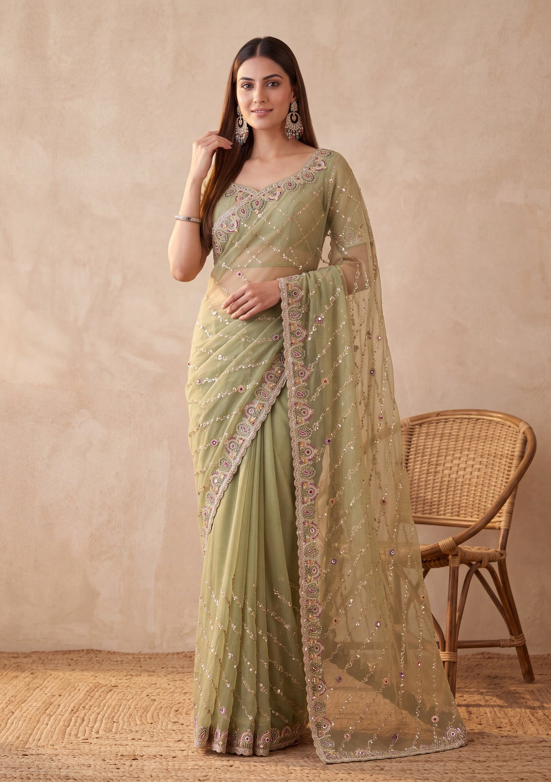 Pista Green Tissue Threadwork Saree With Matching Blouse Piece