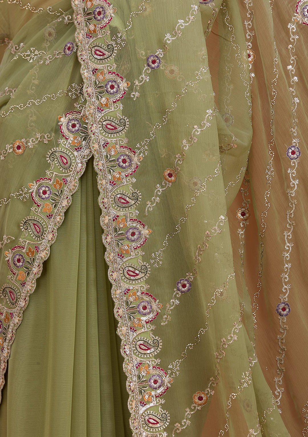 Pista Green Tissue Threadwork Saree With Matching Blouse Piece