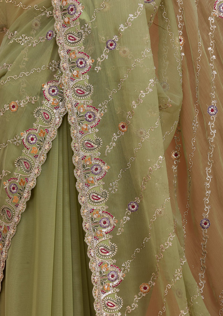 Pista Green Tissue Threadwork Saree With Matching Blouse Piece