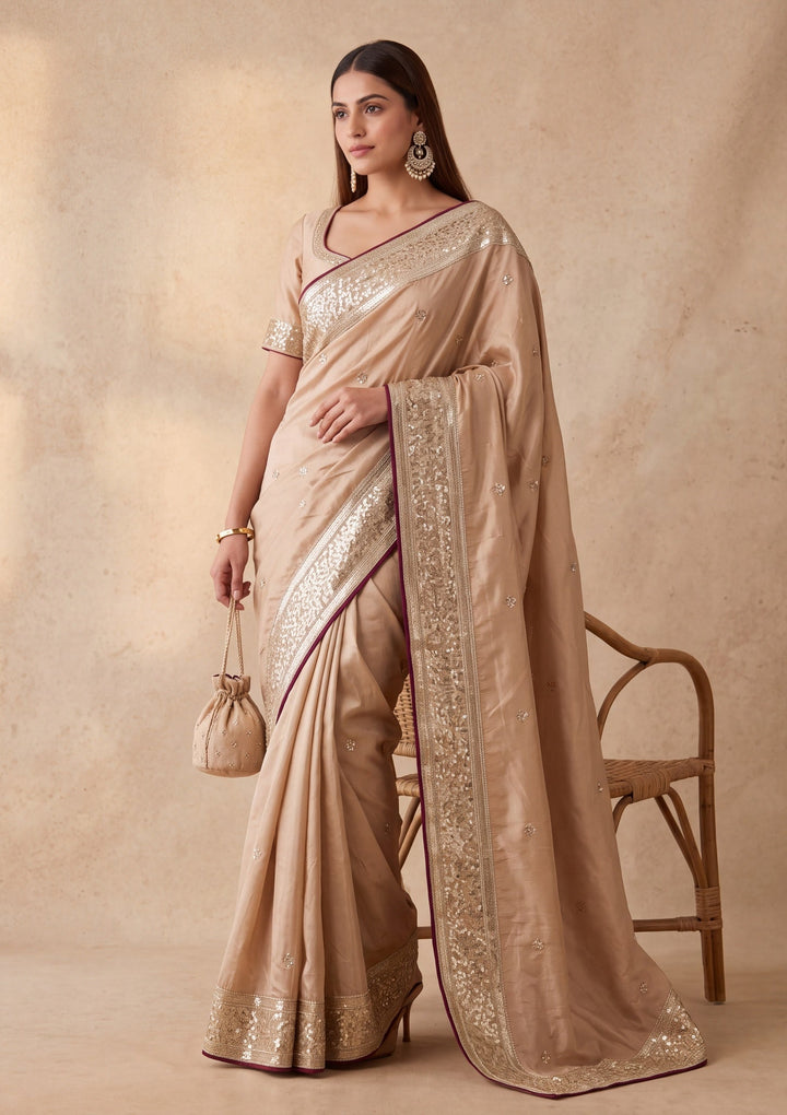 Beige Crepe Sequins Saree With Matching Blouse Piece