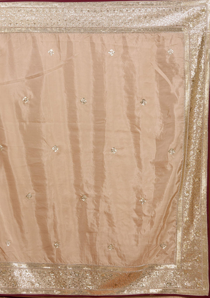 Beige Crepe Sequins Saree With Matching Blouse Piece