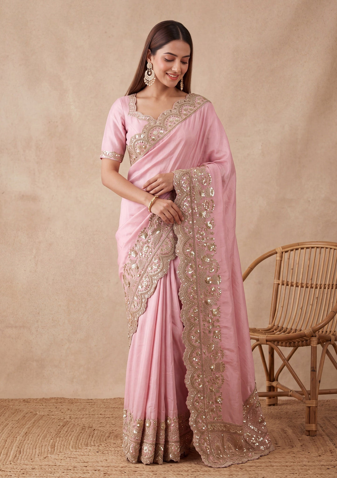 Baby Pink Crepe Sequins Saree With Matching Blouse Piece