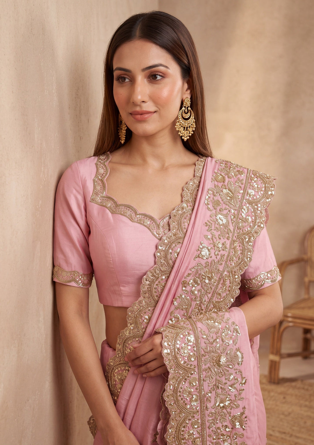 Baby Pink Crepe Sequins Saree With Matching Blouse Piece