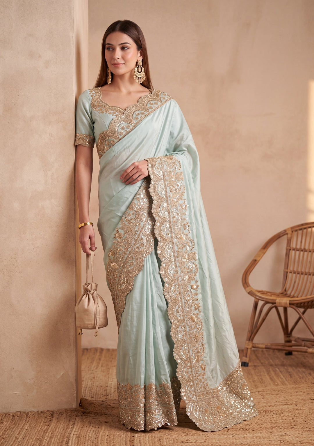 Sea Green Tissue Sequins Saree With Matching Blouse Piece