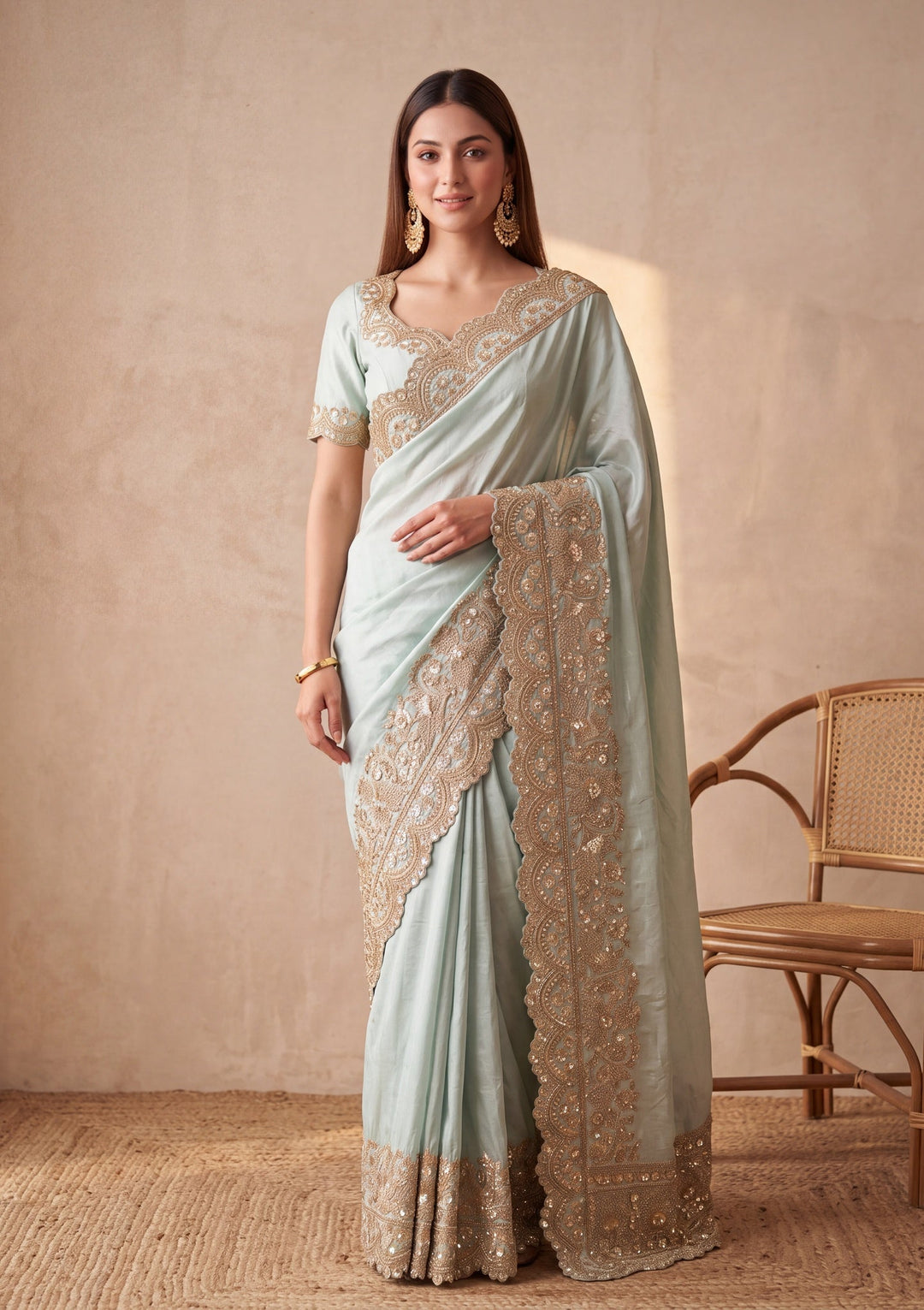 Sea Green Tissue Sequins Saree With Matching Blouse Piece