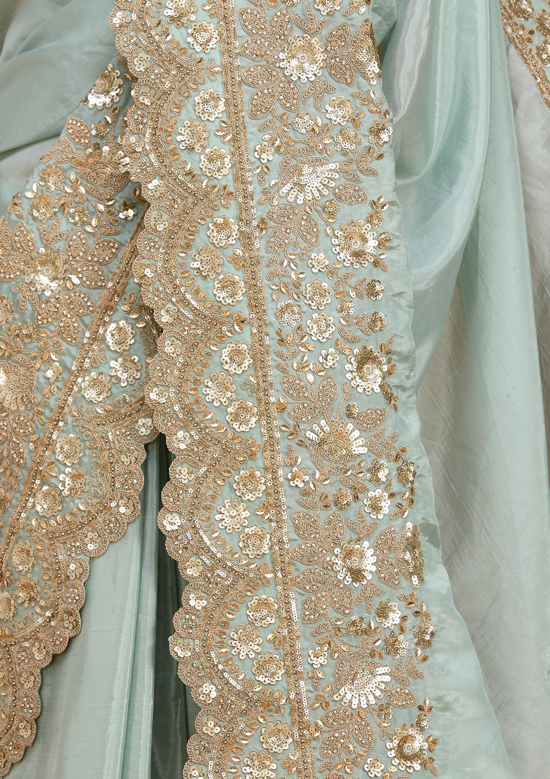 Sea Green Tissue Sequins Saree With Matching Blouse Piece