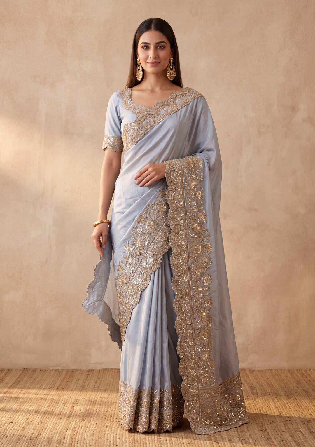 Sky Blue Crepe Sequins Saree With Matching Blouse Piece