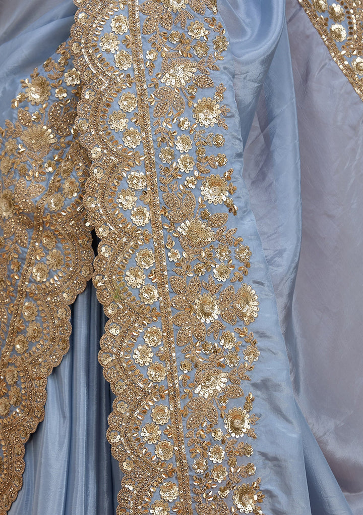 Sky Blue Crepe Sequins Saree With Matching Blouse Piece
