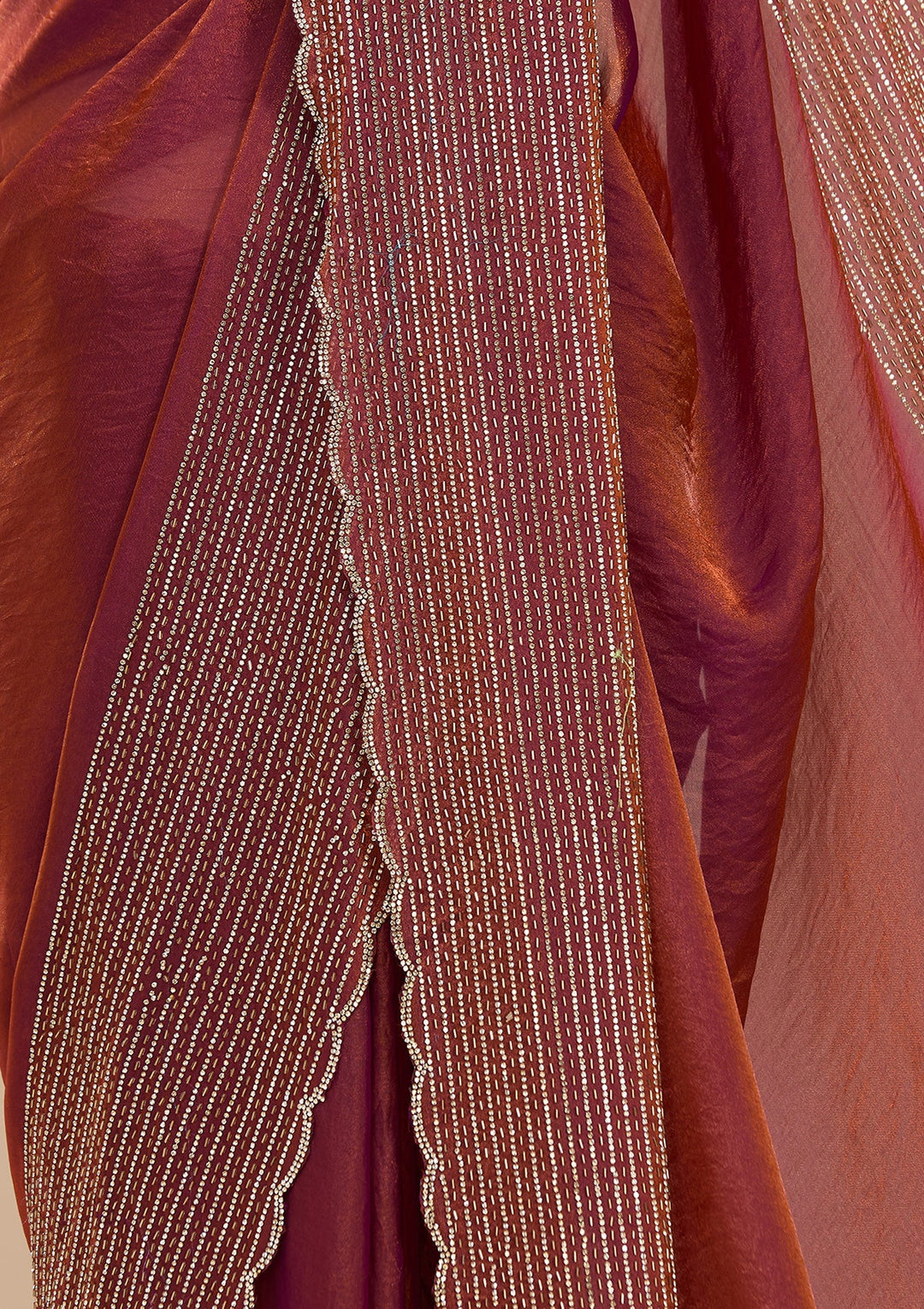 Rust Tissue Gold Stonework Saree With Matching Blouse Piece
