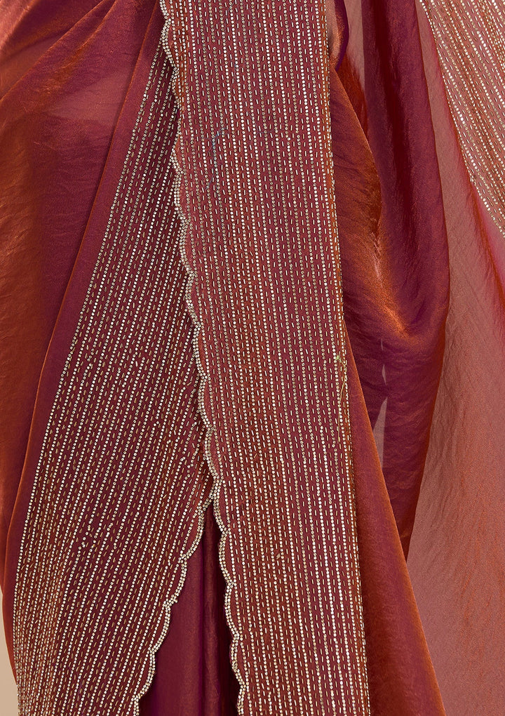 Rust Tissue Gold Stonework Saree With Matching Blouse Piece