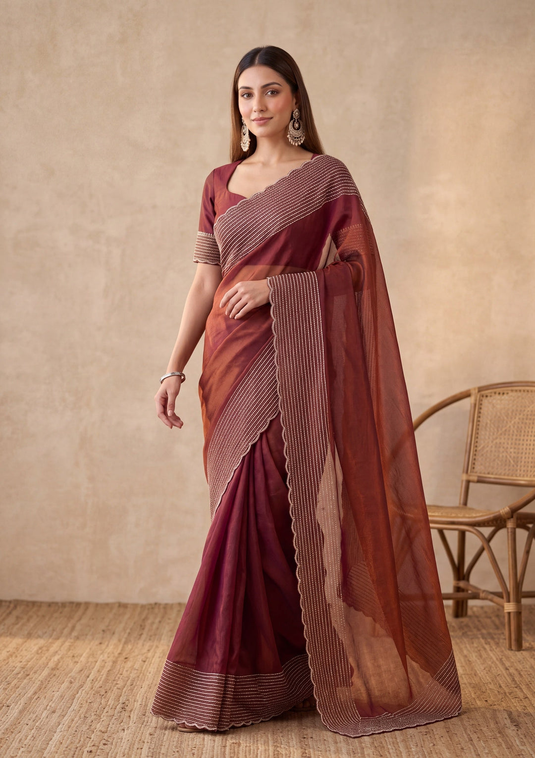 Rust Tissue Gold Stonework Saree With Matching Blouse Piece