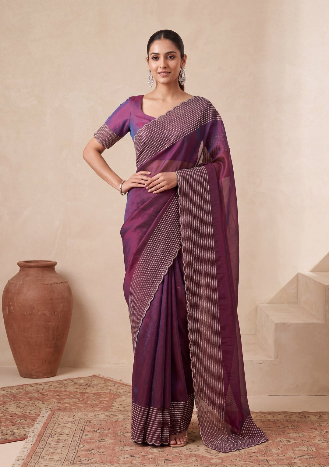 Wine Tissue Gold Stonework Saree With Matching Blouse Piece