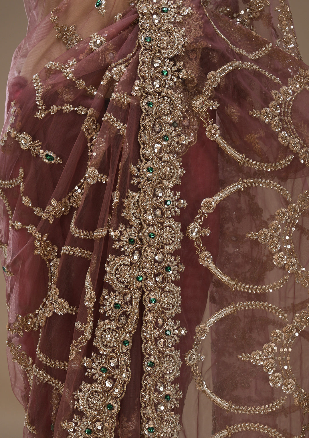 Onion Pink Cutdana Net Saree With Matching Blouse