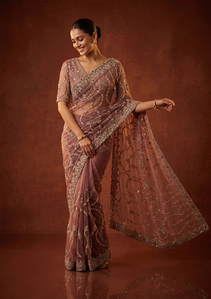Onion Pink Cutdana Net Saree With Matching Blouse