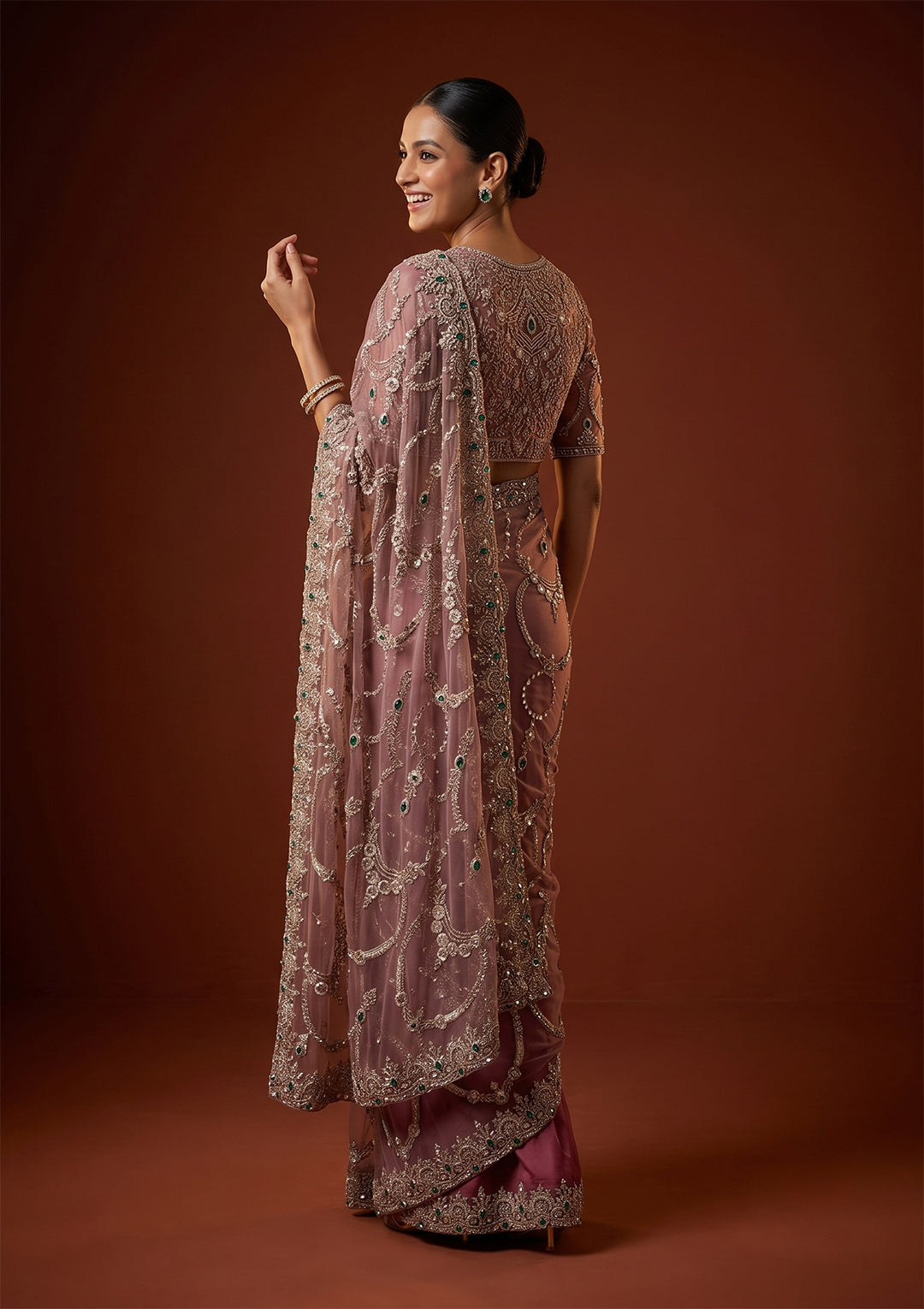 Onion Pink Cutdana Net Saree With Matching Blouse