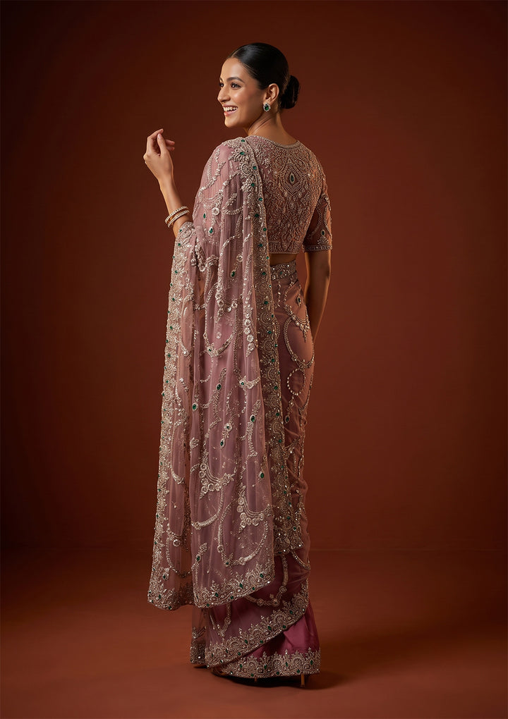 Onion Pink Cutdana Net Saree With Matching Blouse