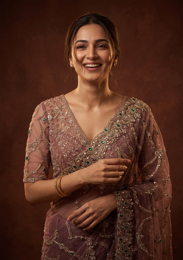 Onion Pink Cutdana Net Saree With Matching Blouse