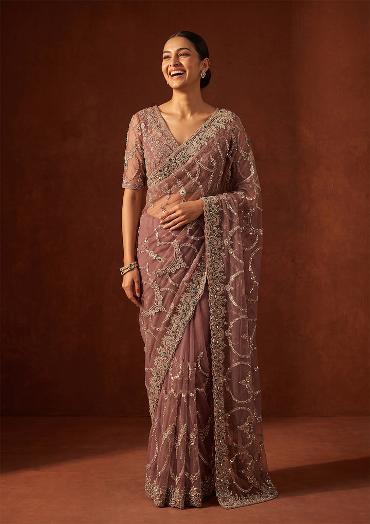 Onion Pink Cutdana Net Saree With Matching Blouse