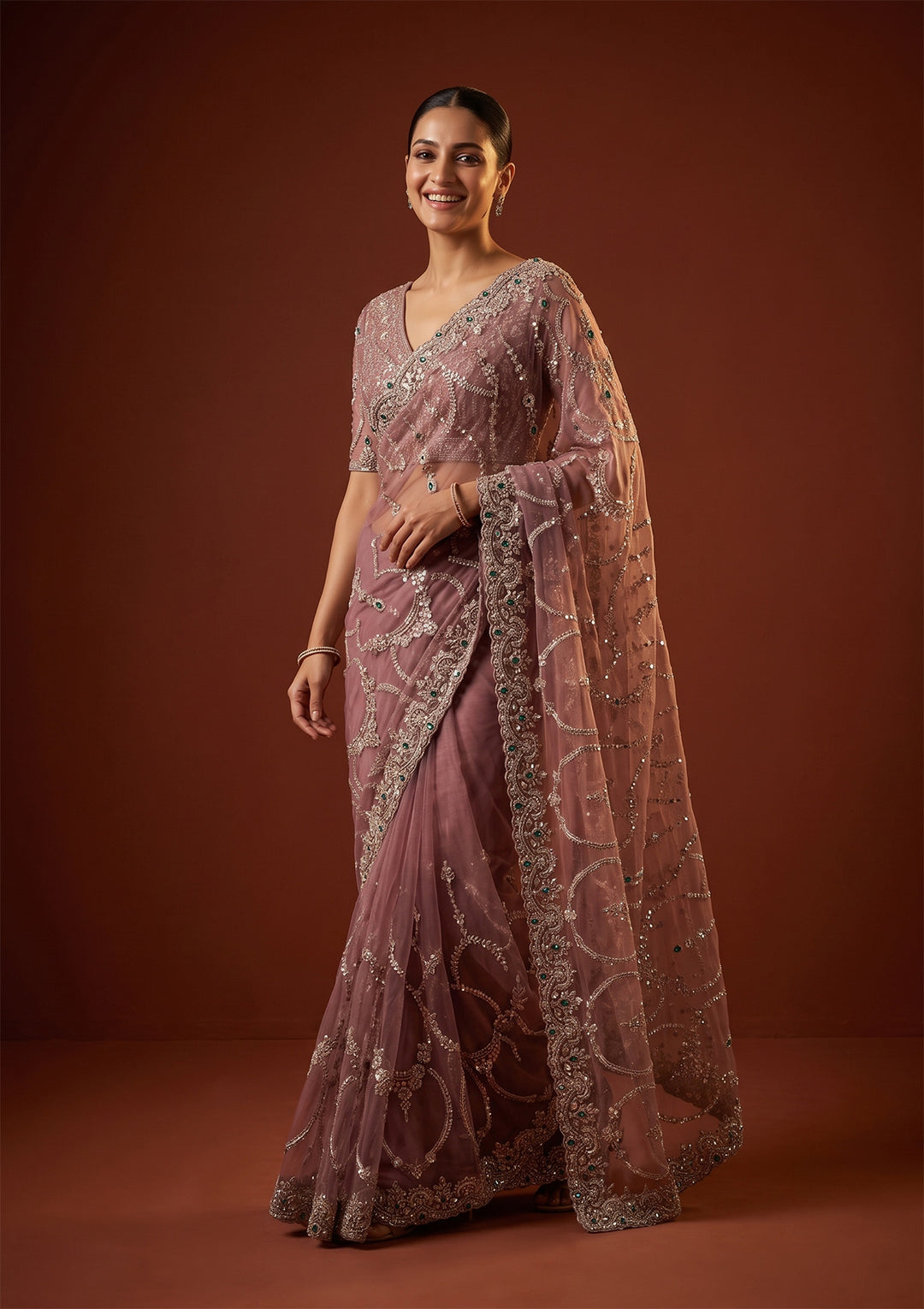 Onion Pink Cutdana Net Saree With Matching Blouse