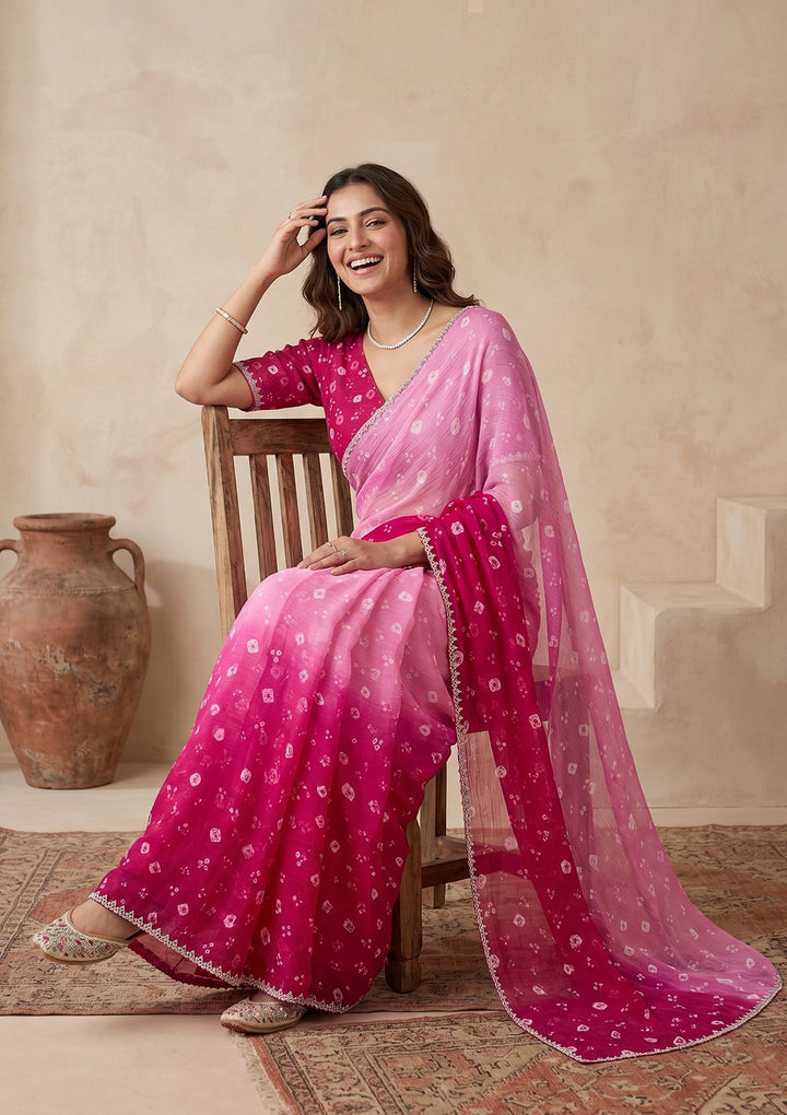 Pink Stonework (Silver) Chiffon Saree