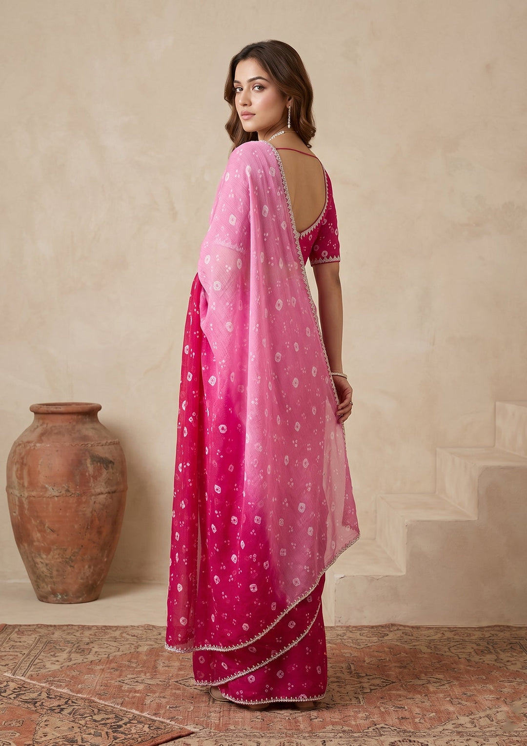 Pink Stonework (Silver) Chiffon Saree