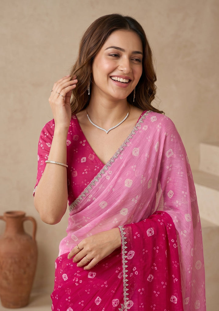 Pink Stonework (Silver) Chiffon Saree