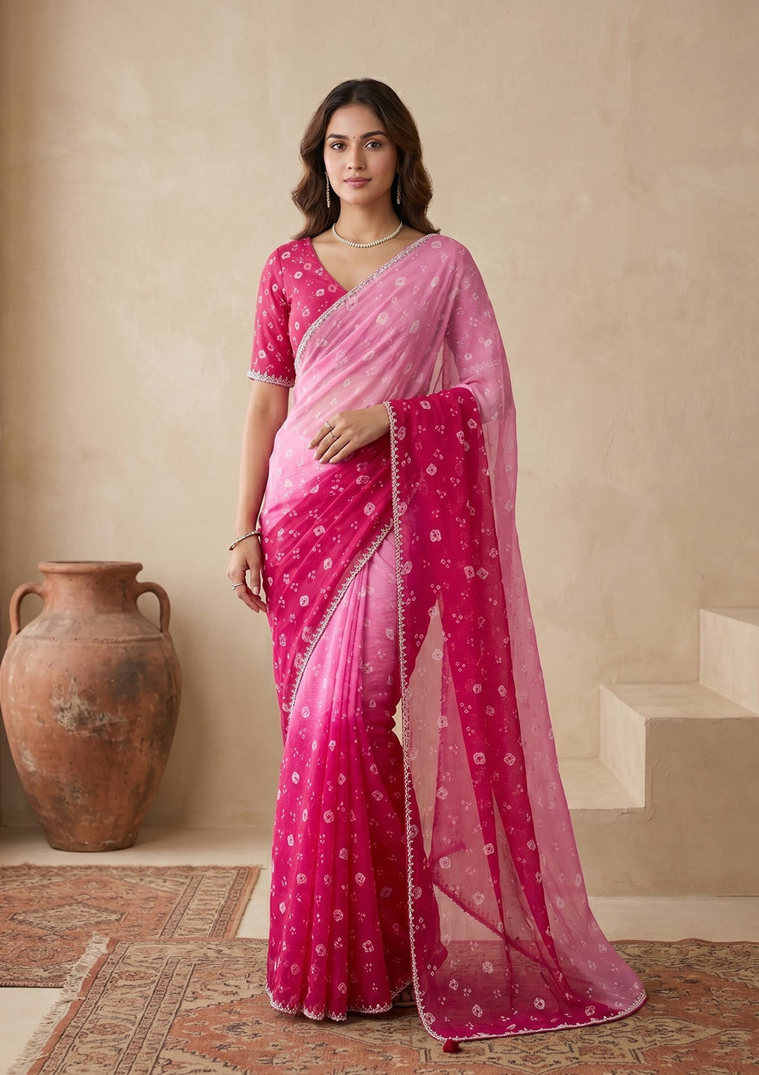 Pink Stonework (Silver) Chiffon Saree
