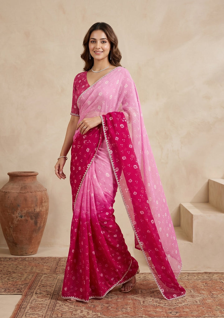 Pink Stonework (Silver) Chiffon Saree