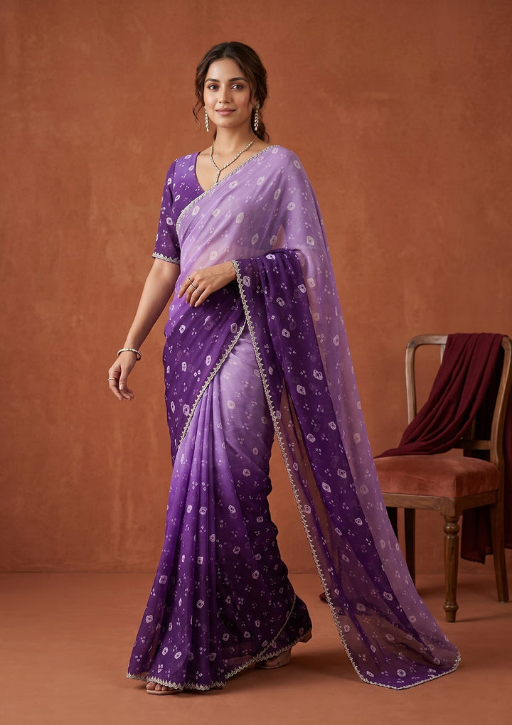 Purple Stonework (Silver) Chiffon Saree