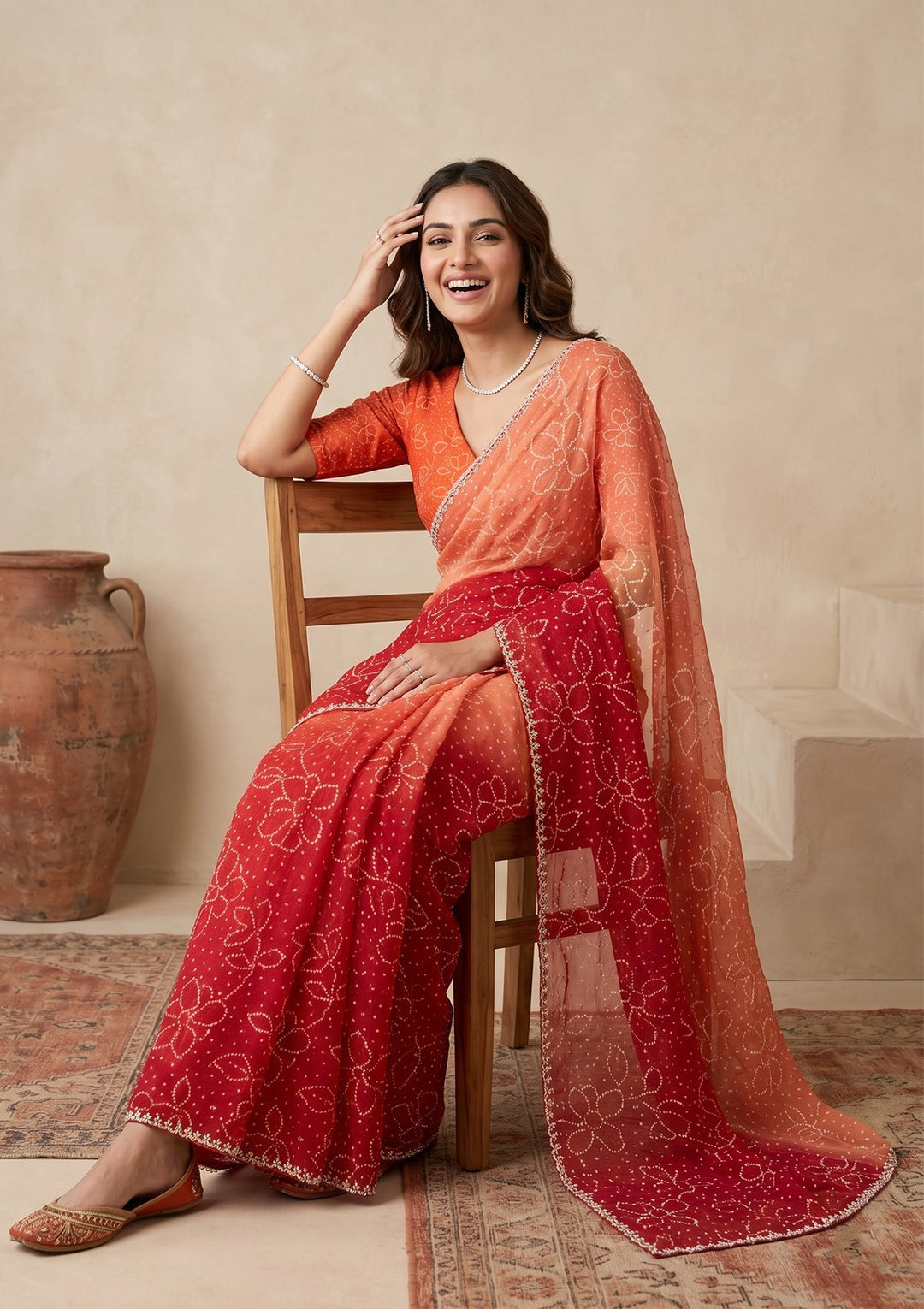 Orange Stonework (Silver) Chiffon Saree
