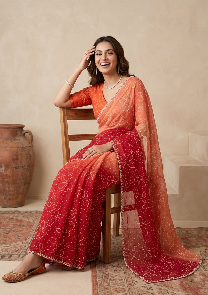 Orange Stonework (Silver) Chiffon Saree