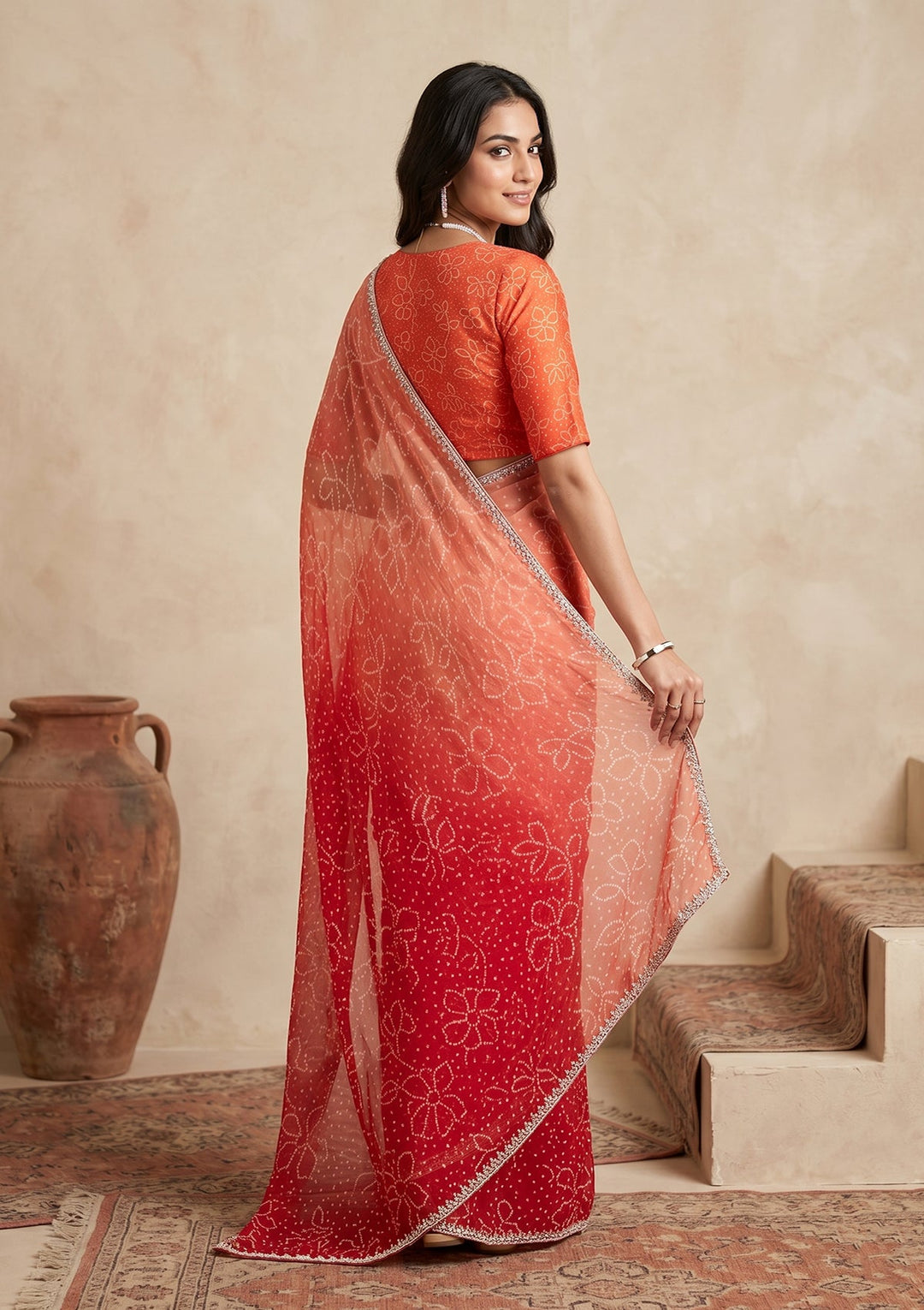 Orange Stonework (Silver) Chiffon Saree