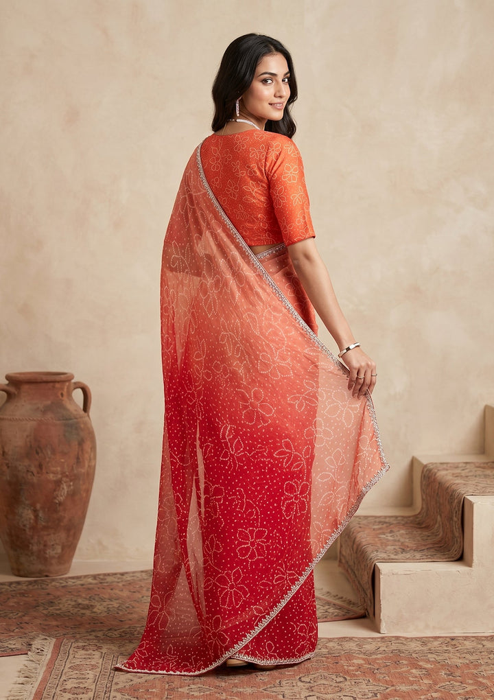 Orange Stonework (Silver) Chiffon Saree