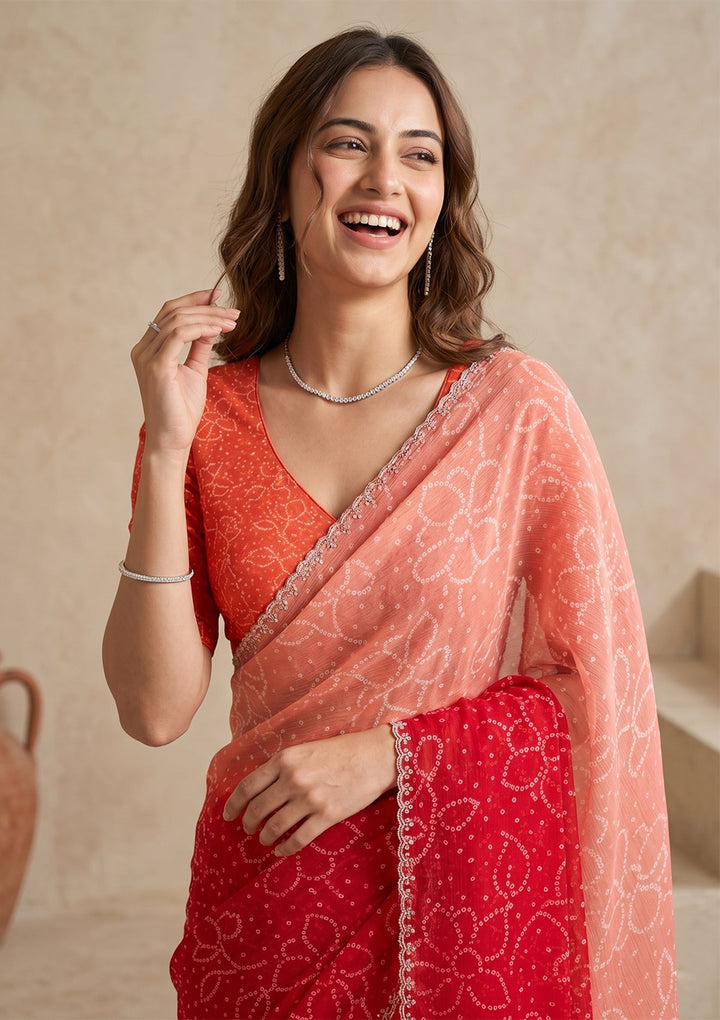 Orange Stonework (Silver) Chiffon Saree