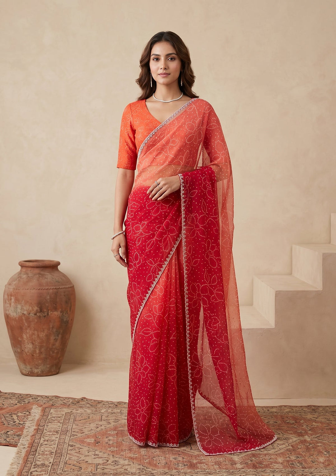 Orange Stonework (Silver) Chiffon Saree