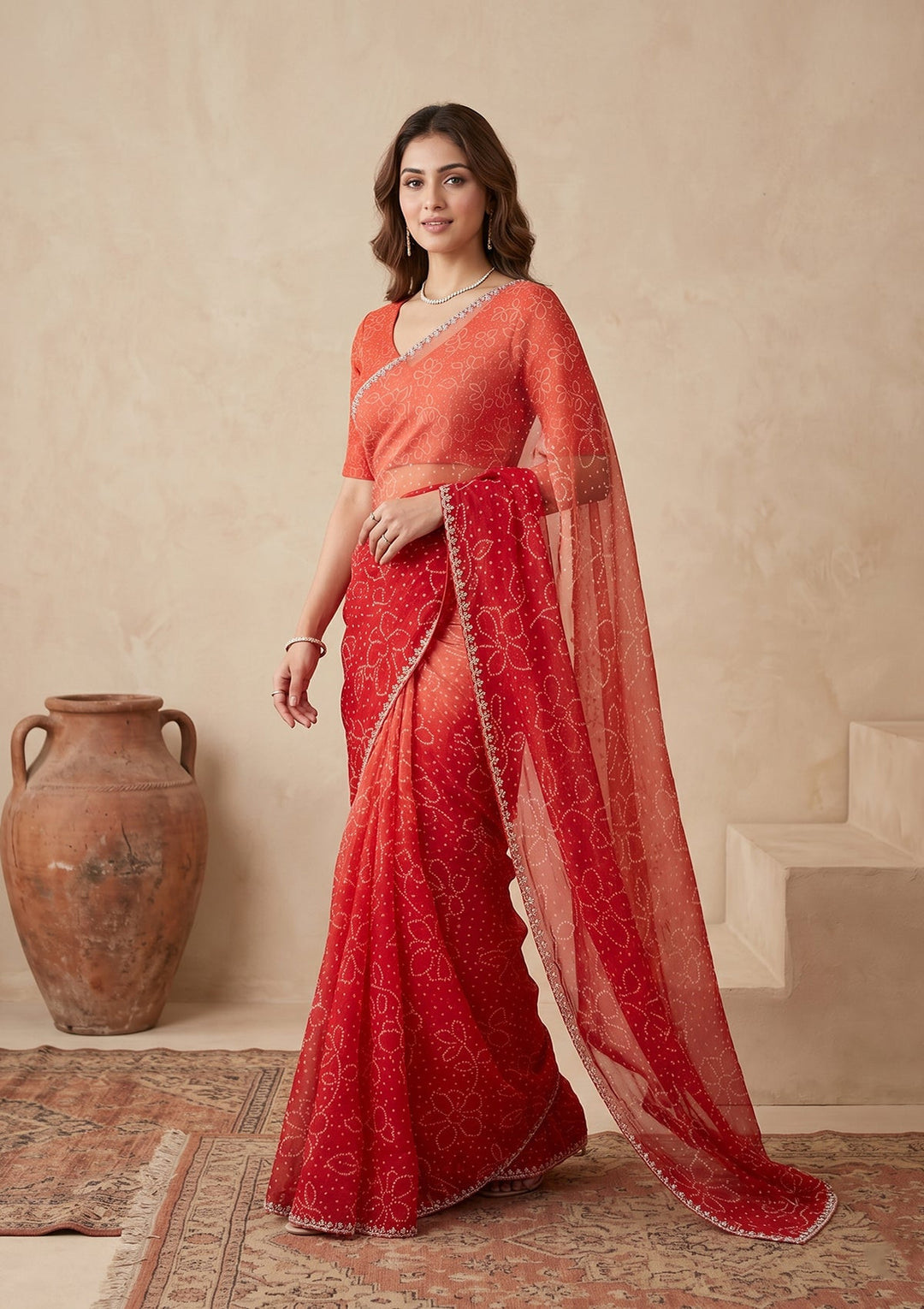 Orange Stonework (Silver) Chiffon Saree