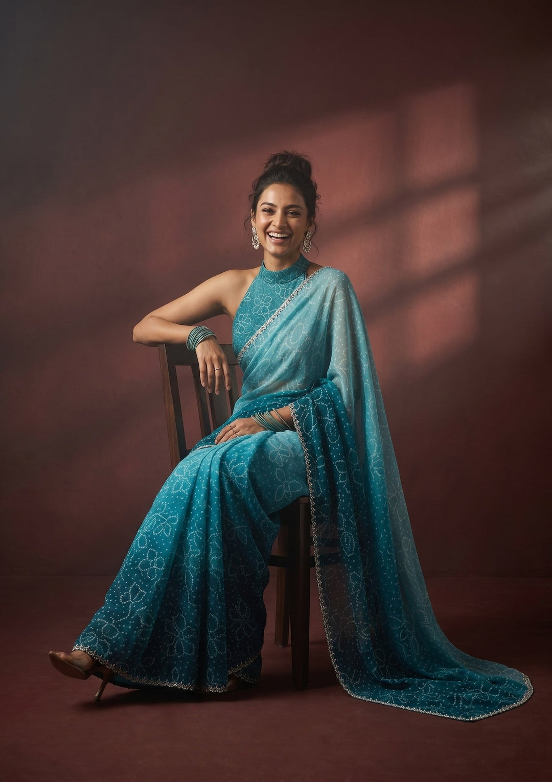 Peacock Blue Chiffon Bandhej Silver Stonework Saree With Matching Blouse Piece