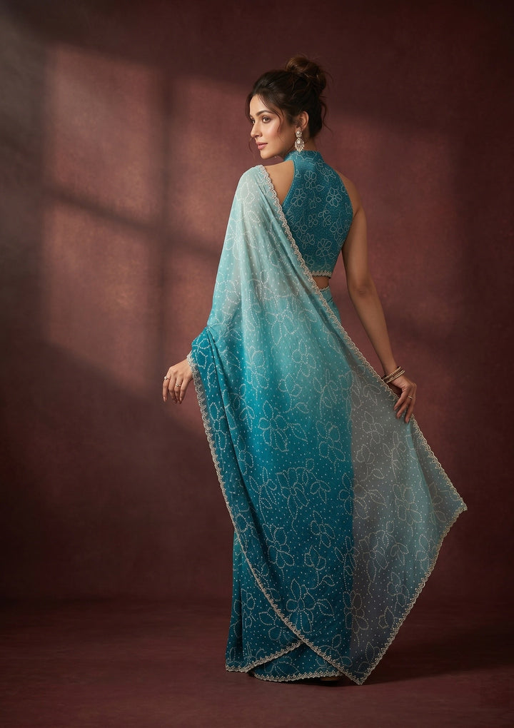 Peacock Blue Chiffon Bandhej Silver Stonework Saree With Matching Blouse Piece